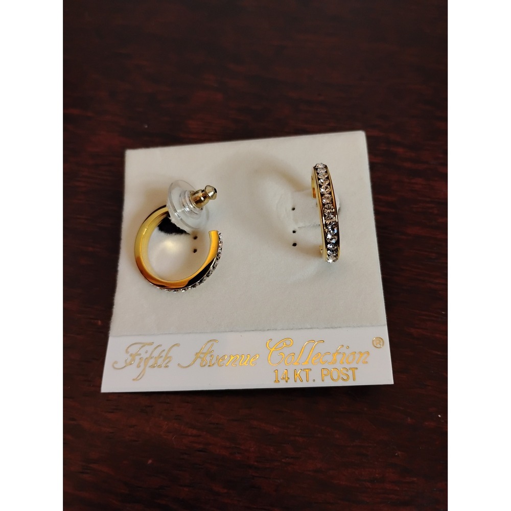 Fifth Avenue Collection Gold Tone Crystal Hoop Earrings 14KT‎ Post C-Hoops
